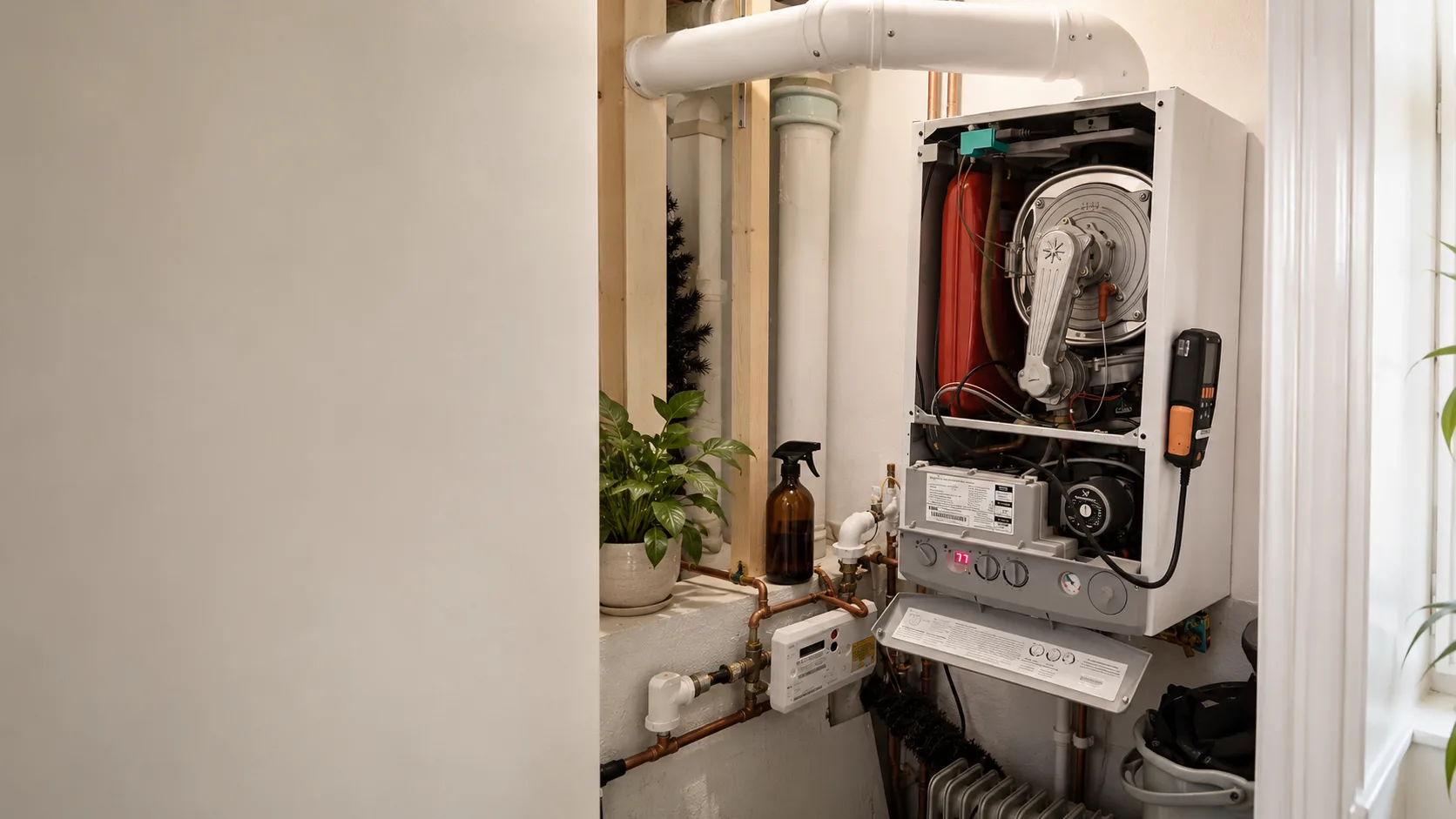 Open central heating boiler with copper pipework and a flue gas analyser during a Gaswise UK heating repair in a Nottingham home