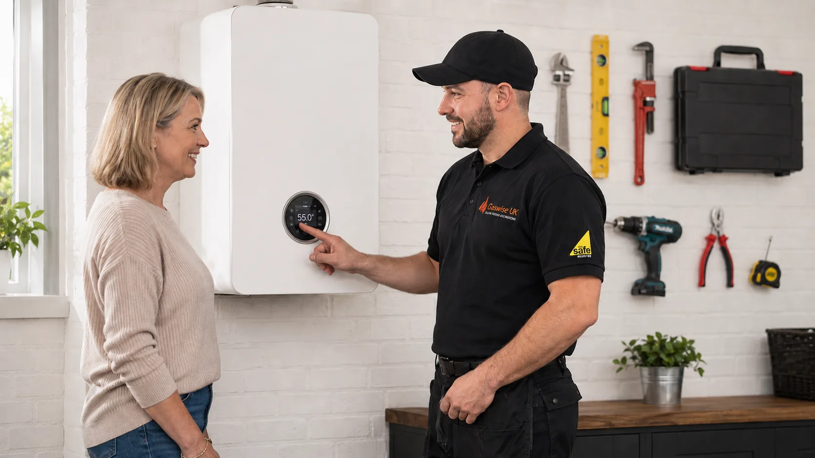 Gas Safe registered Gaswise UK engineer explaining the boiler controls to a homeowner after a repair in Nottingham